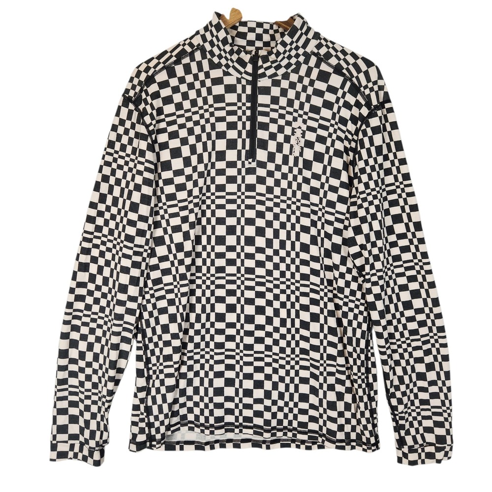 Mons Royale Cascade Merino Wool Quarter Zip Men's XXL Black White Checkerboard